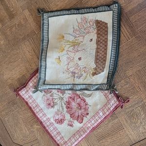 Pair of needlepoint/ cross-stitch decorative bunny and floral pillow covers